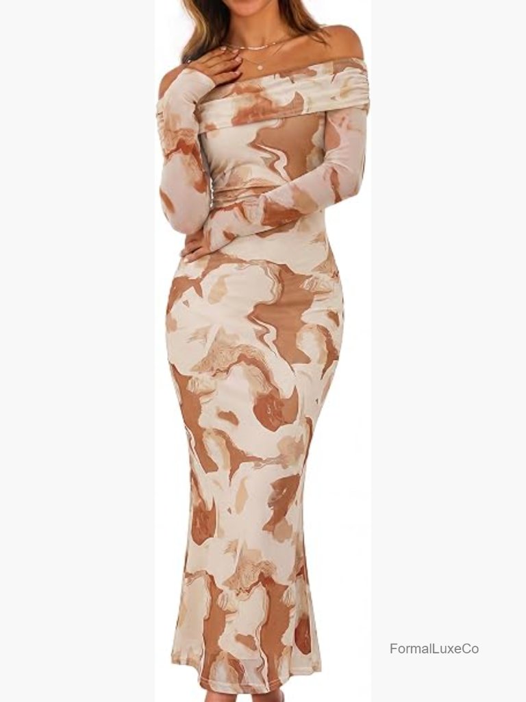 Off Shoulder Floral Maxi Dress Long Sleeve Bodycon Formal Wedding Guest